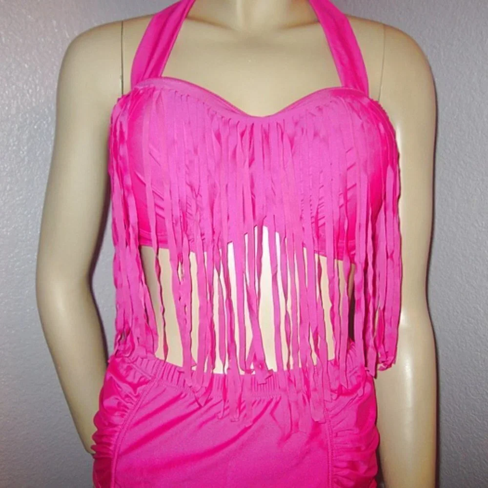Hot Pink Bikini Size XXL High Waist 2 Piece Swimsuit Convertible Fringe Coquette